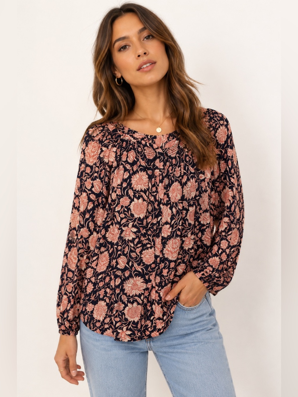 Lucky Brand Blue Floral Peasant Blouse Sz. L